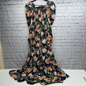 Beulah Black Maxi Dress with Floral Design long balloons sleeves size s NWT